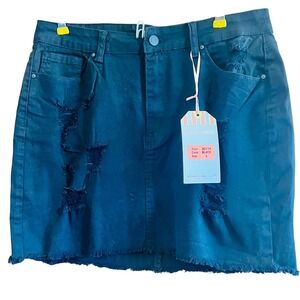 Wax Jean Distressed‎ Denim Mini Skirt Black Ripped Raw Hem Casual Large